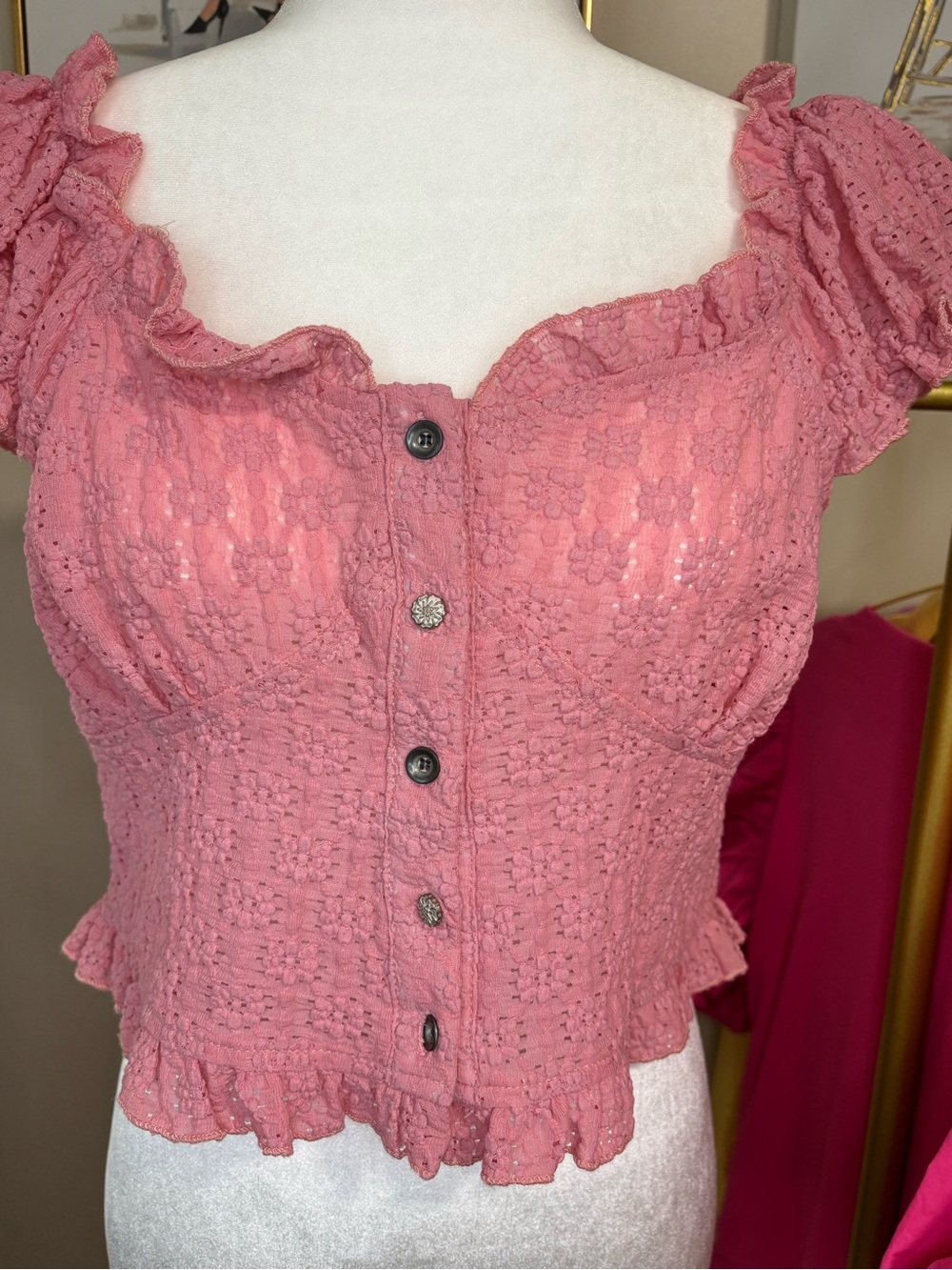 pink crop top by POL is the "In Fair Verona Button Up Crop," featuring eyelet S